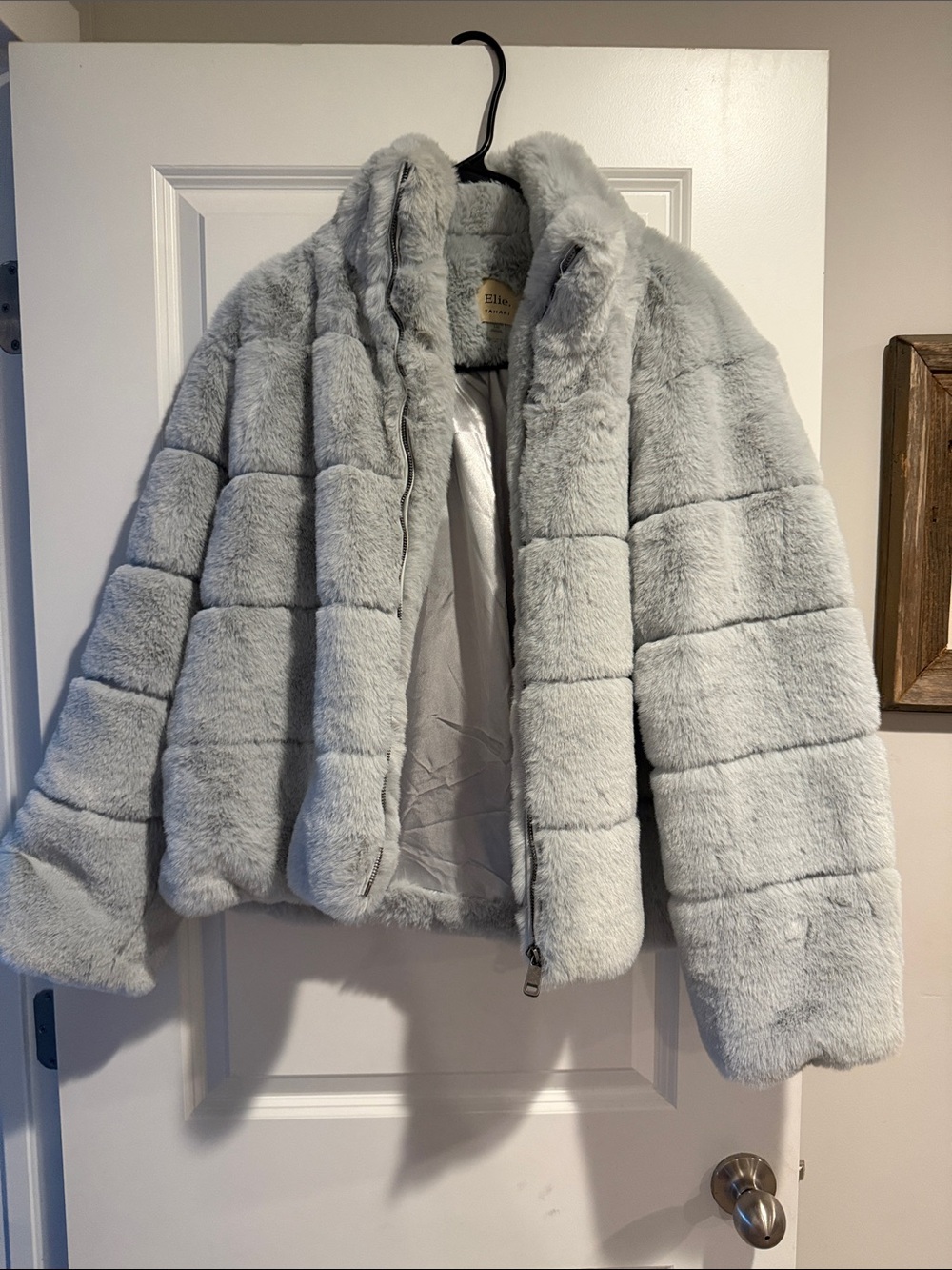Tahari Light Gray Teddy Faux Fur Jacket